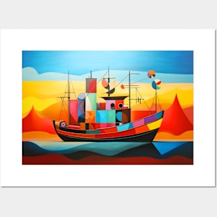 Fishing Boat Concept Abstract Colorful Scenery Painting Posters and Art